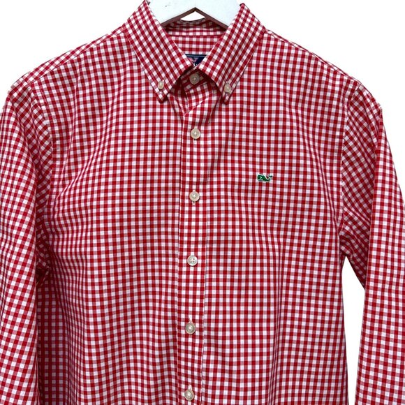 Vineyard Vines Boys Shirt Large Red Gingham Check Button Up Holiday Christmas - Picture 1 of 9